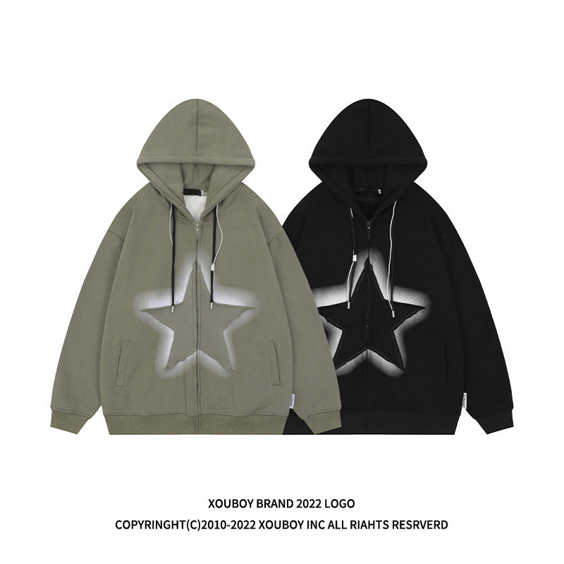 YPRS men's American patchwork star hooded cardigan hoodie Loose couple fleece jacket