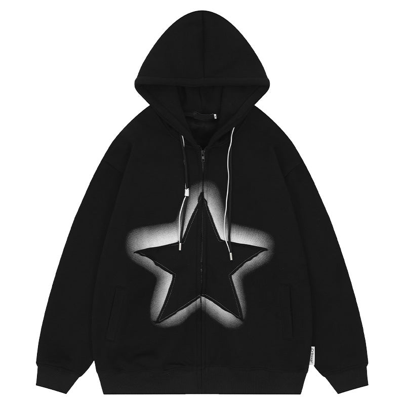YPRS men's American patchwork star hooded cardigan hoodie Loose couple fleece jacket