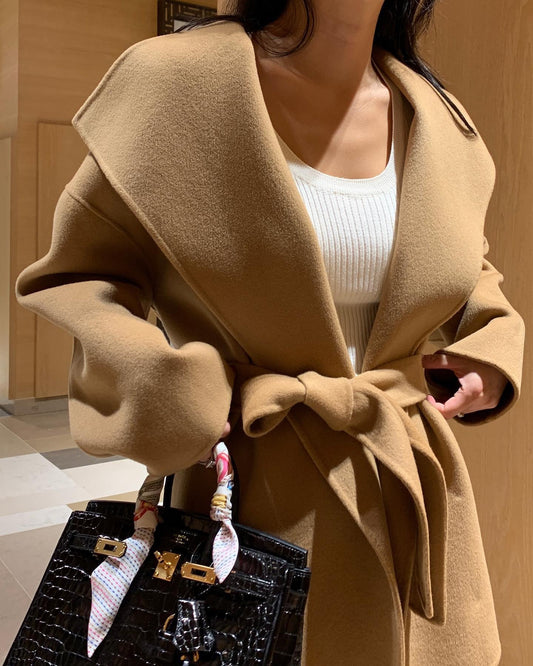 chic autumn and winter versatile and elegant large lapel tie, waist-cinching and slimming solid color long-sleeved woolen coat for women