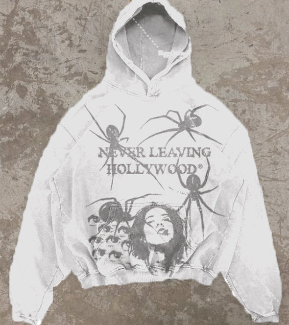 Gothic spider print hoodie autumn and winter fleece American hoodie pullover Y2K sweatshirt