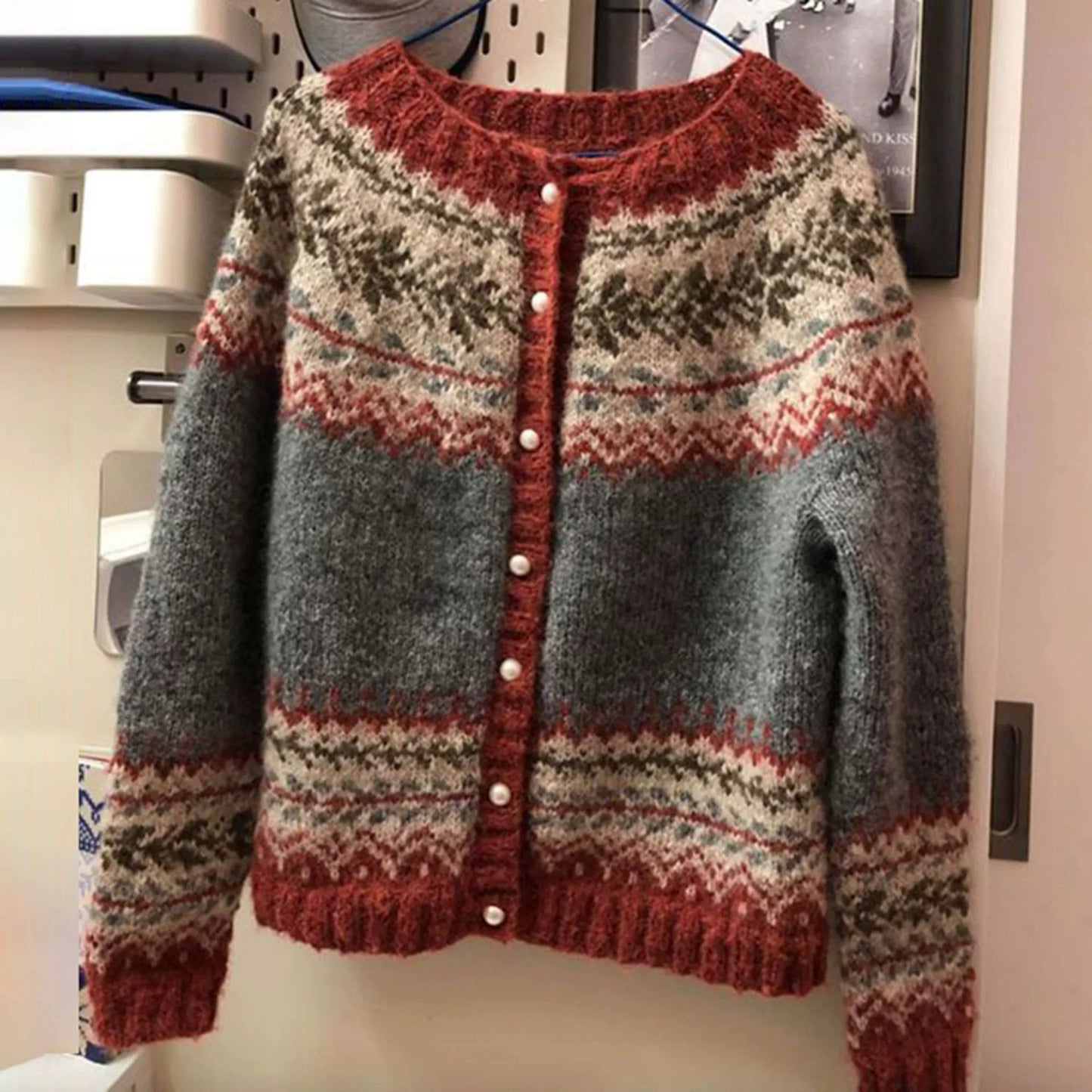 Women's ethnic-style jacquard knitted sweater, women's autumn and winter cardigan, single-ed sweater