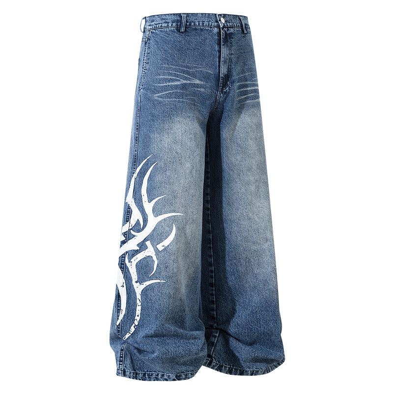 Men's American-style mid-waisted wide-leg jeans with a design sense and totem prints, loose floor-length pants, straight-leg pants