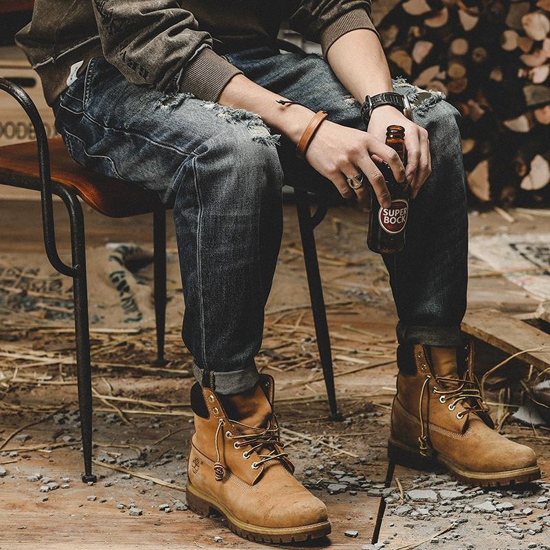 American heavy-duty workwear pants, men's autumn loose straight-leg ripped jeans, men's plus-size pants