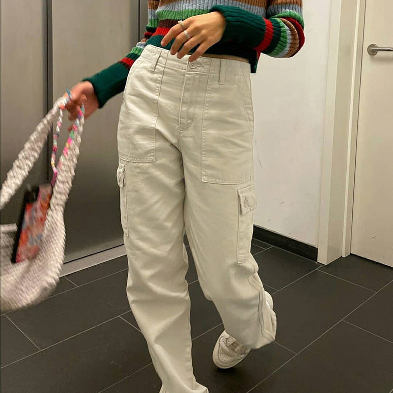 2021 Autumn independent station cross-border new women's pocket stitching high waist straight leg trend street wash jeans