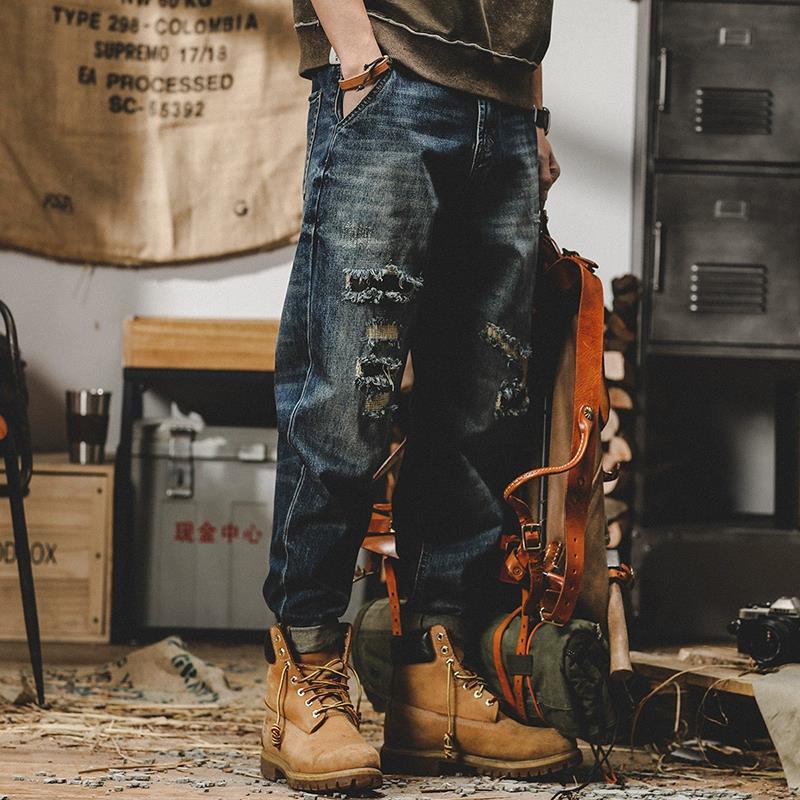 American heavy-duty workwear pants, men's autumn loose straight-leg ripped jeans, men's plus-size pants