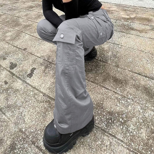 Grey cargo line split multi-pocket button cuffed Spice Girl low waist to show leg length loose straight leg jeans