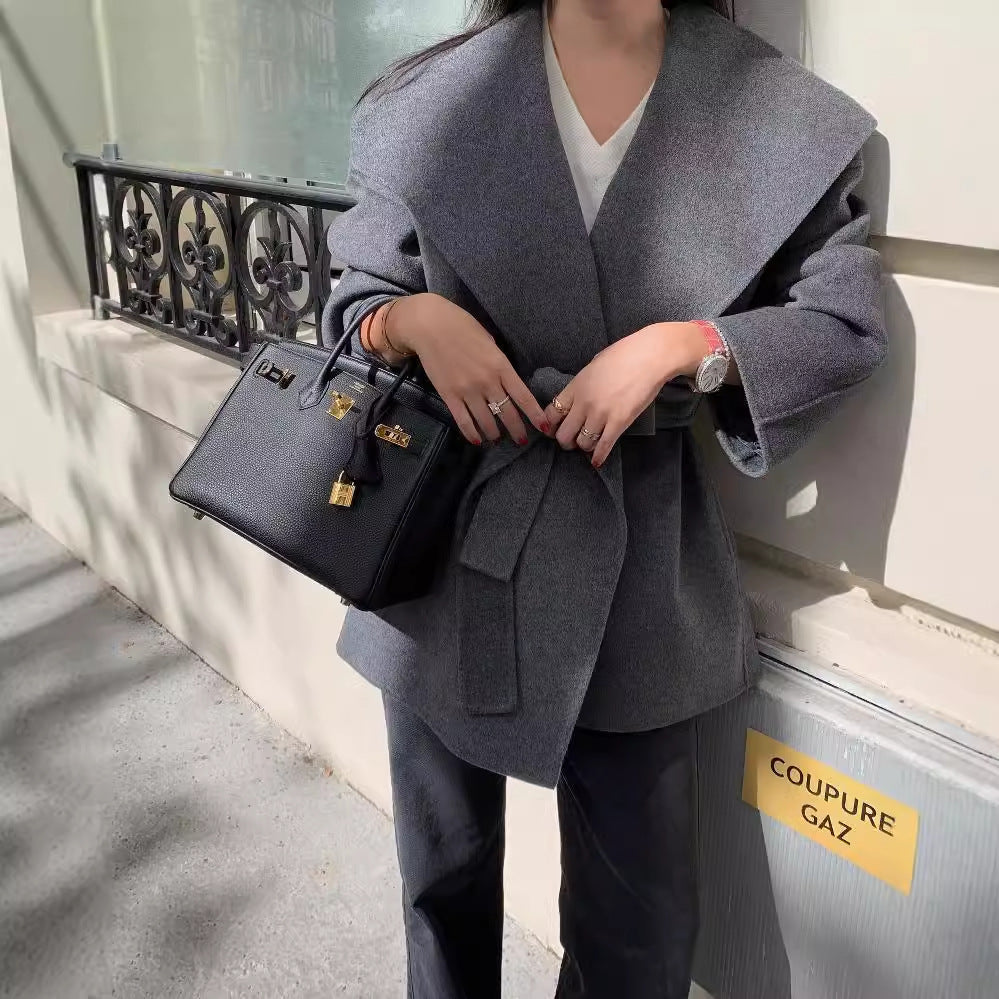 chic autumn and winter versatile and elegant large lapel tie, waist-cinching and slimming solid color long-sleeved woolen coat for women