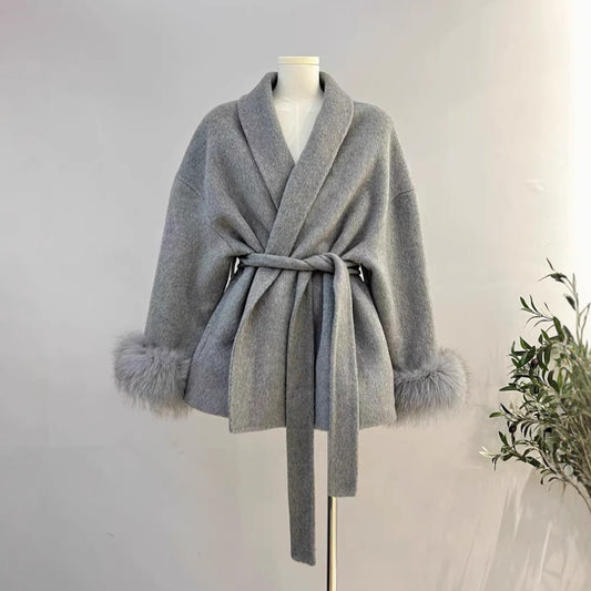 Fox fur double-sided wool coat, women's short coat, women's elegant bathrobe, double-sided woolen coat