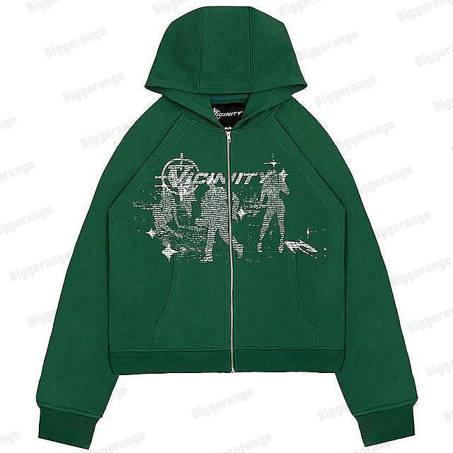 American retro hiphop zipper hoodie, men's unique street style, Harajuku anime print Hoodie long-sleeved jacket