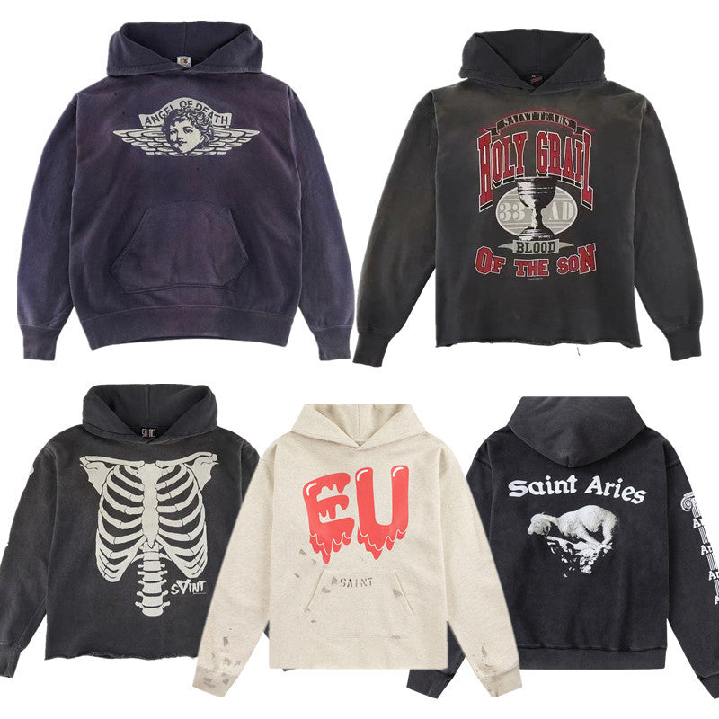 Saint Michael's American street style distressed hoodie, loose hooded pullover hoodie trend