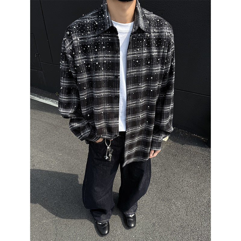 Men's long-sleeved American loose checked shirt jacket, men's plus-size shirt