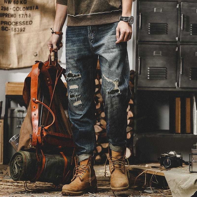 American heavy-duty workwear pants, men's autumn loose straight-leg ripped jeans, men's plus-size pants