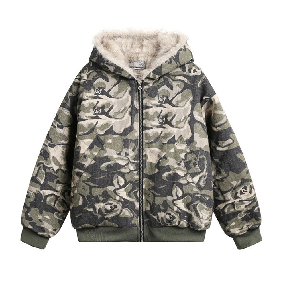 Camouflage hooded cotton-padded jacket for men's winter style, American high street design sense, loose cotton padded and thickened cotton-padded jacket
