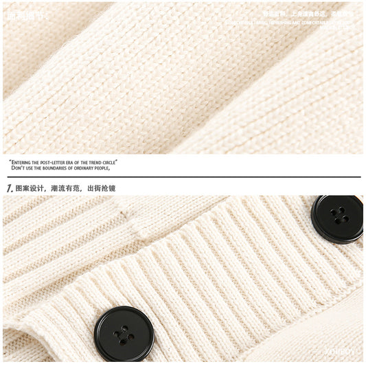 American solid-color cardigan sweater, men's autumn laid-back style knitted sweater, high street Hong Kong-style casual couple coat