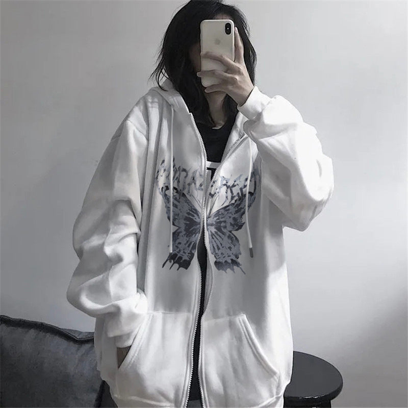 A hooded, zipped cardigan and sweatshirt for women in autumn and winter. A loose, thick and versatile mid-length trendy coat