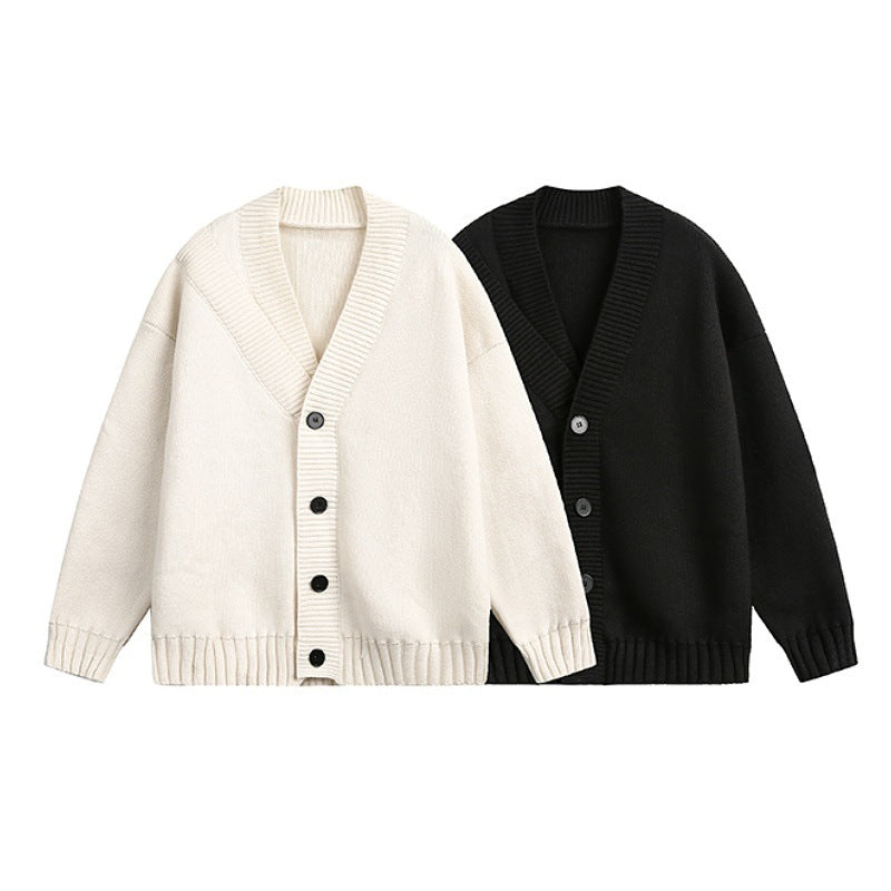 American solid-color cardigan sweater, men's autumn laid-back style knitted sweater, high street Hong Kong-style casual couple coat