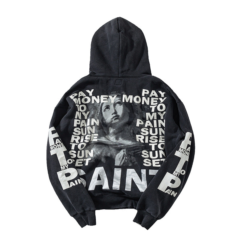 Saint Michael's American street style distressed hoodie, loose hooded pullover hoodie trend