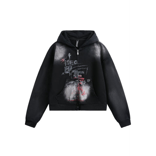 Autumn American street trend design loose hooded sweatshirt cardigan