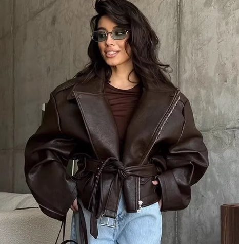 Woman Leather Full Sleeve Lace Up Jacket Fashion Lap