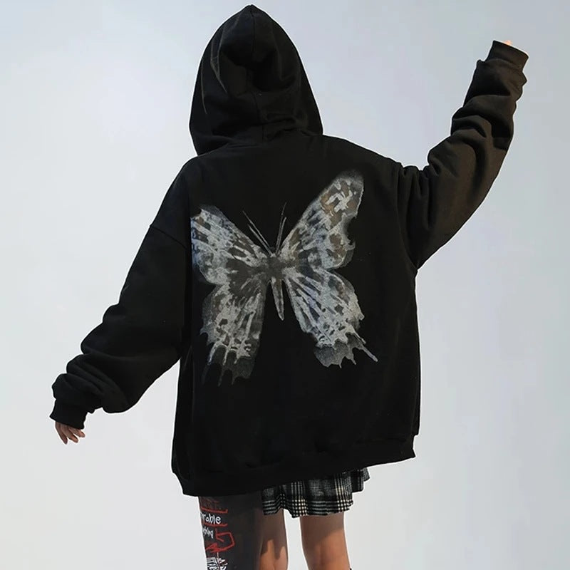 A hooded, zipped cardigan and sweatshirt for women in autumn and winter. A loose, thick and versatile mid-length trendy coat