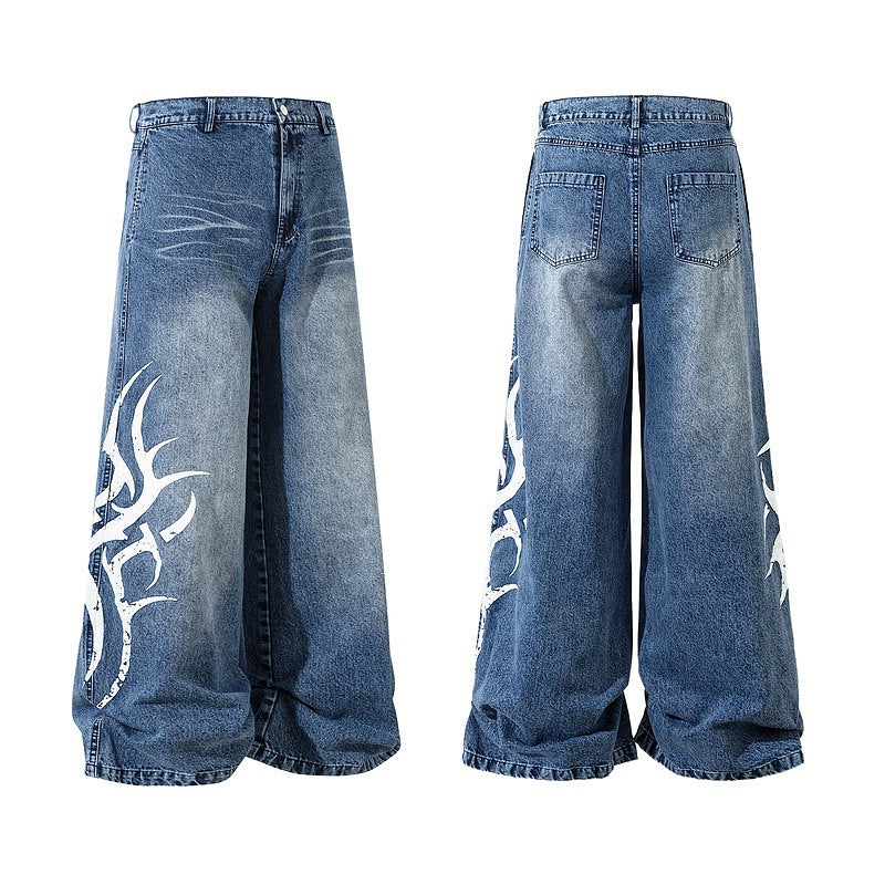 Men's American-style mid-waisted wide-leg jeans with a design sense and totem prints, loose floor-length pants, straight-leg pants