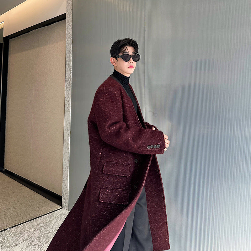 European Station designer's wool coat, mid-length tweed jacket with a high-end feel, men's double-ed silhouette