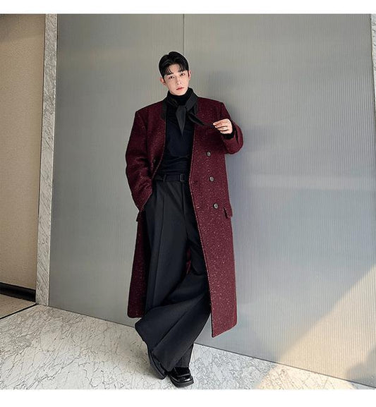 European Station designer's wool coat, mid-length tweed jacket with a high-end feel, men's double-ed silhouette