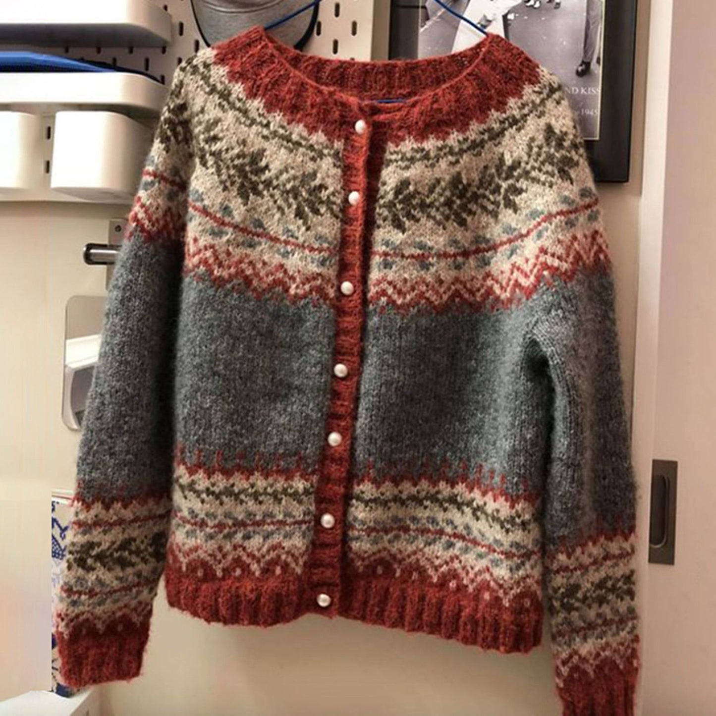 Women's ethnic-style jacquard knitted sweater, women's autumn and winter cardigan, single-ed sweater