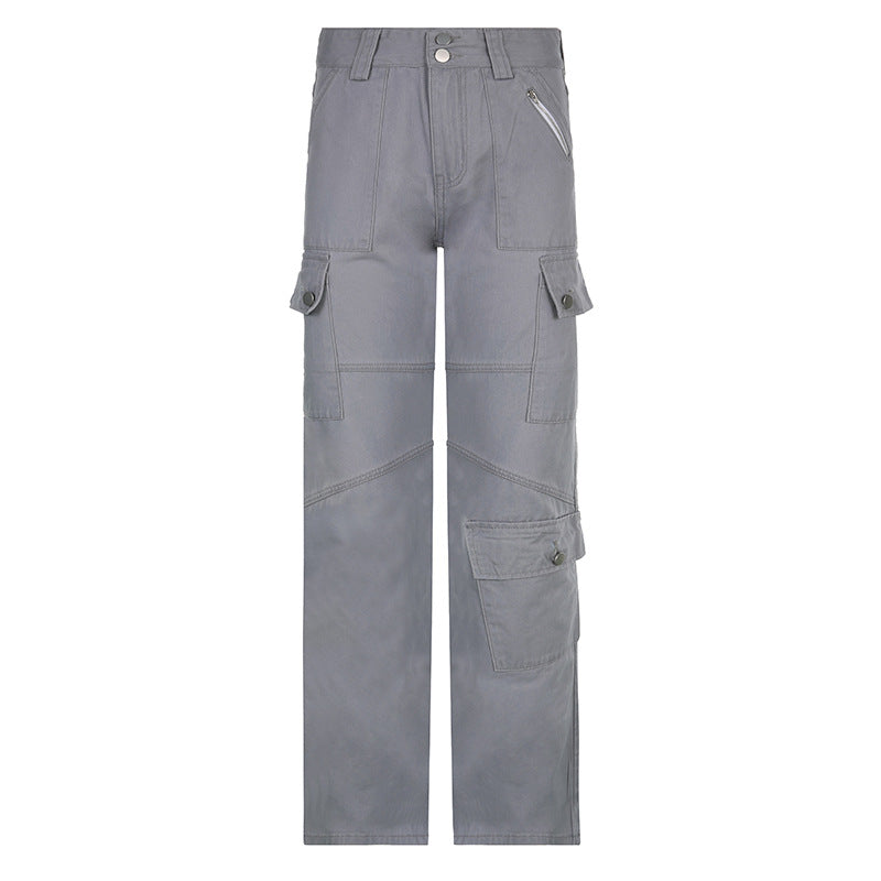 Grey cargo line split multi-pocket button cuffed Spice Girl low waist to show leg length loose straight leg jeans