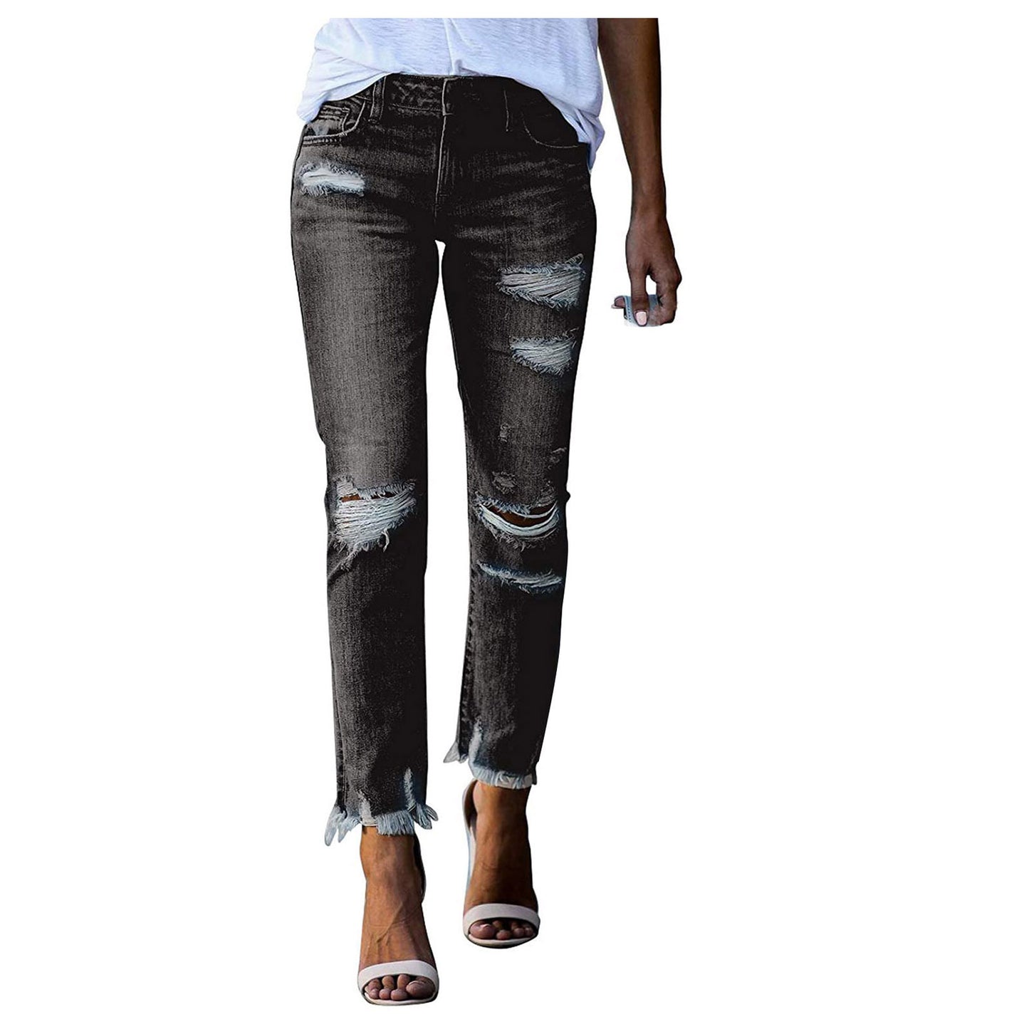 Young women's tight-fitting solid white jeans with ripped jeans