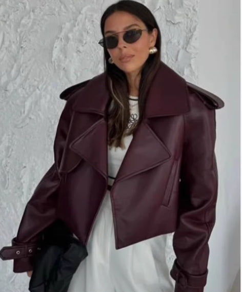 Woman Leather Full Sleeve Lace Up Jacket Fashion Lap