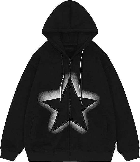 American retro hiphop zipper hoodie, men's unique street style, Harajuku anime print Hoodie long-sleeved jacket
