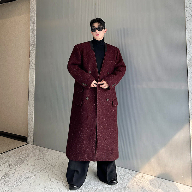 European Station designer's wool coat, mid-length tweed jacket with a high-end feel, men's double-ed silhouette