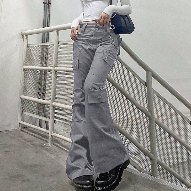 Grey cargo line split multi-pocket button cuffed Spice Girl low waist to show leg length loose straight leg jeans