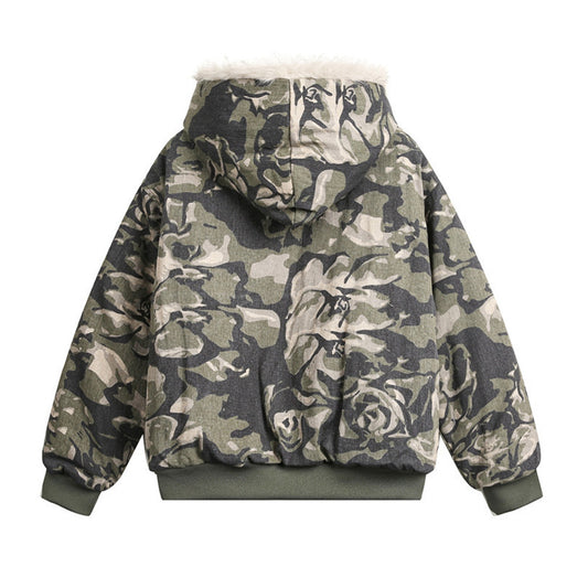 Camouflage hooded cotton-padded jacket for men's winter style, American high street design sense, loose cotton padded and thickened cotton-padded jacket