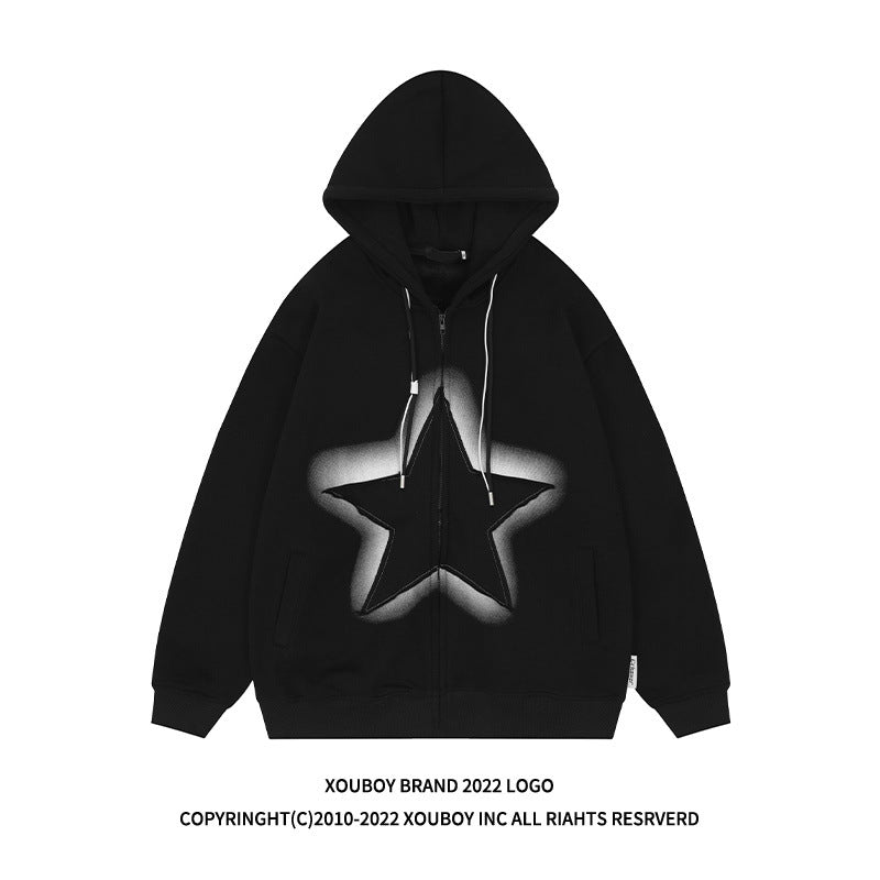 YPRS men's American patchwork star hooded cardigan hoodie Loose couple fleece jacket