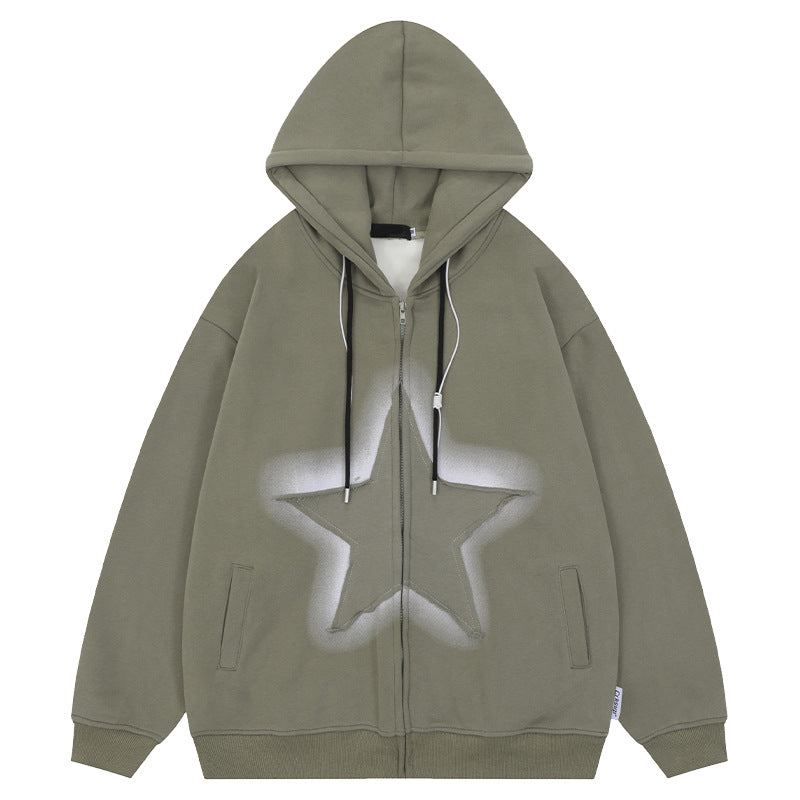 YPRS men's American patchwork star hooded cardigan hoodie Loose couple fleece jacket