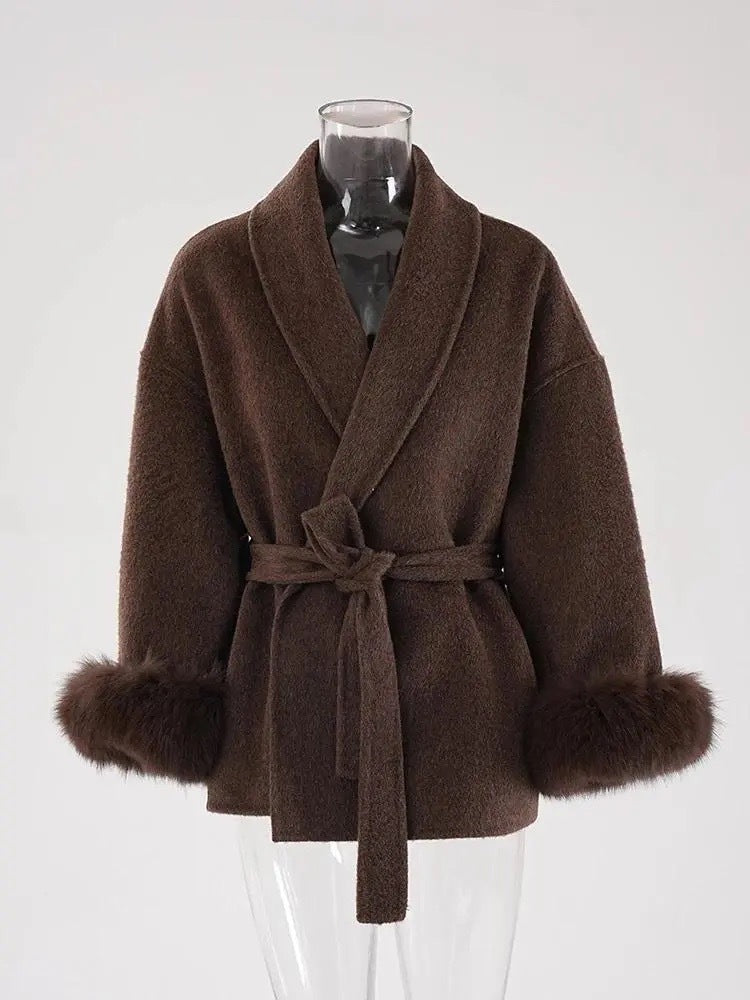 Fox fur double-sided wool coat, women's short coat, women's elegant bathrobe, double-sided woolen coat