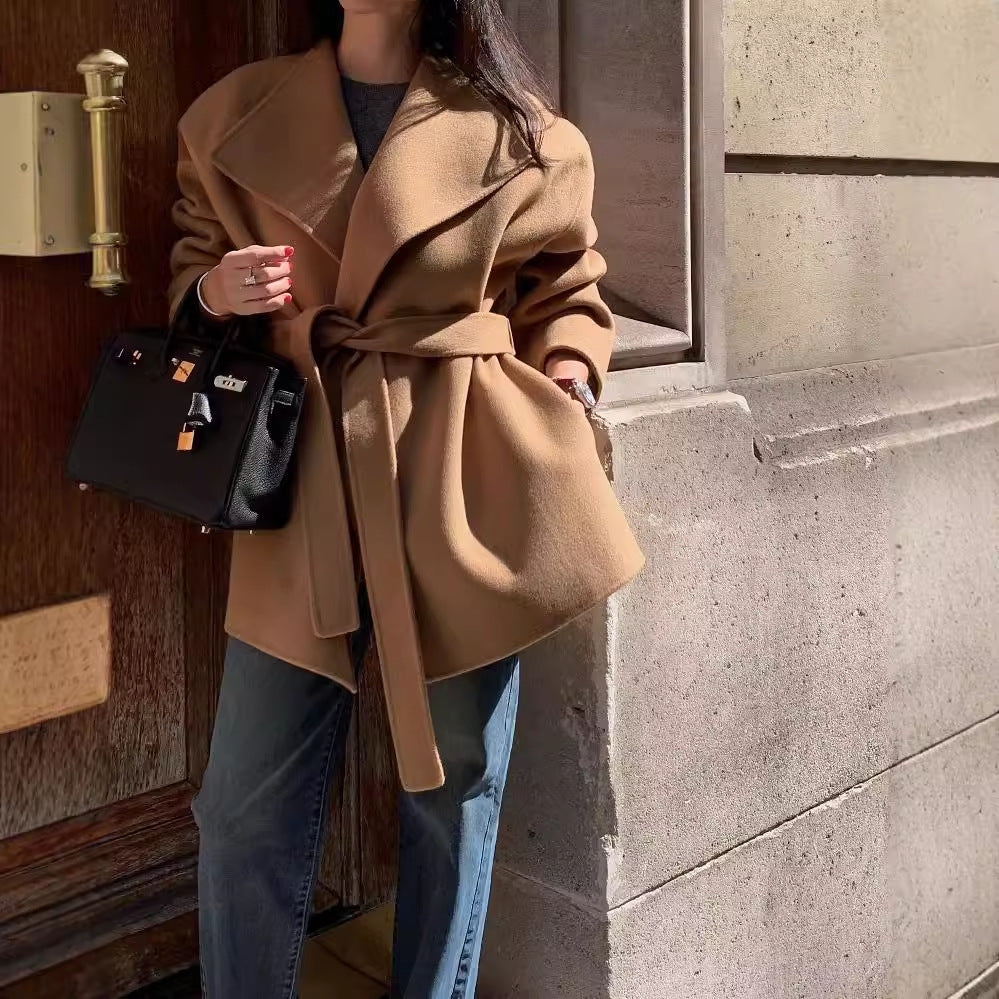 chic autumn and winter versatile and elegant large lapel tie, waist-cinching and slimming solid color long-sleeved woolen coat for women