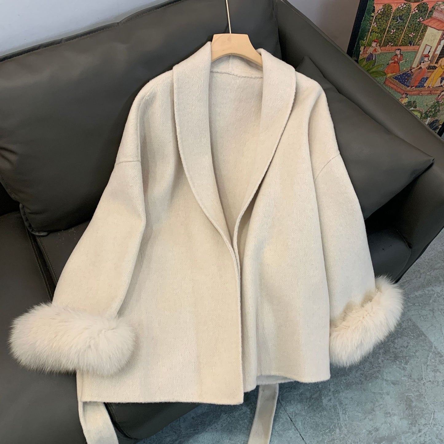 Fox fur double-sided wool coat, women's short coat, women's elegant bathrobe, double-sided woolen coat