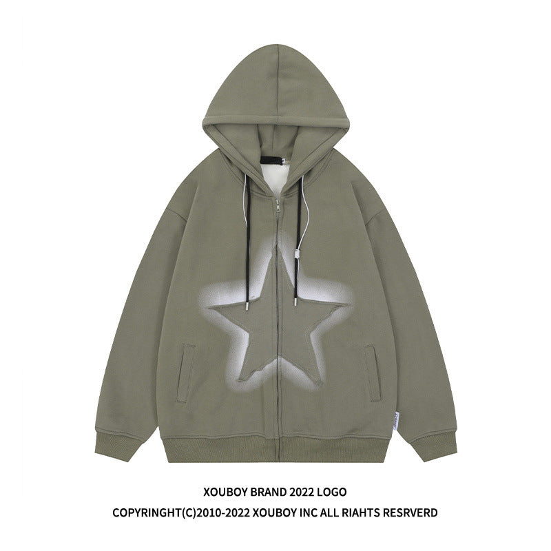 YPRS men's American patchwork star hooded cardigan hoodie Loose couple fleece jacket