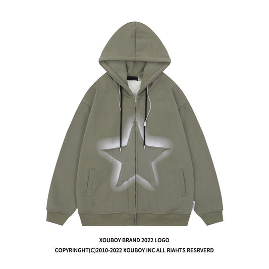 YPRS men's American patchwork star hooded cardigan hoodie Loose couple fleece jacket