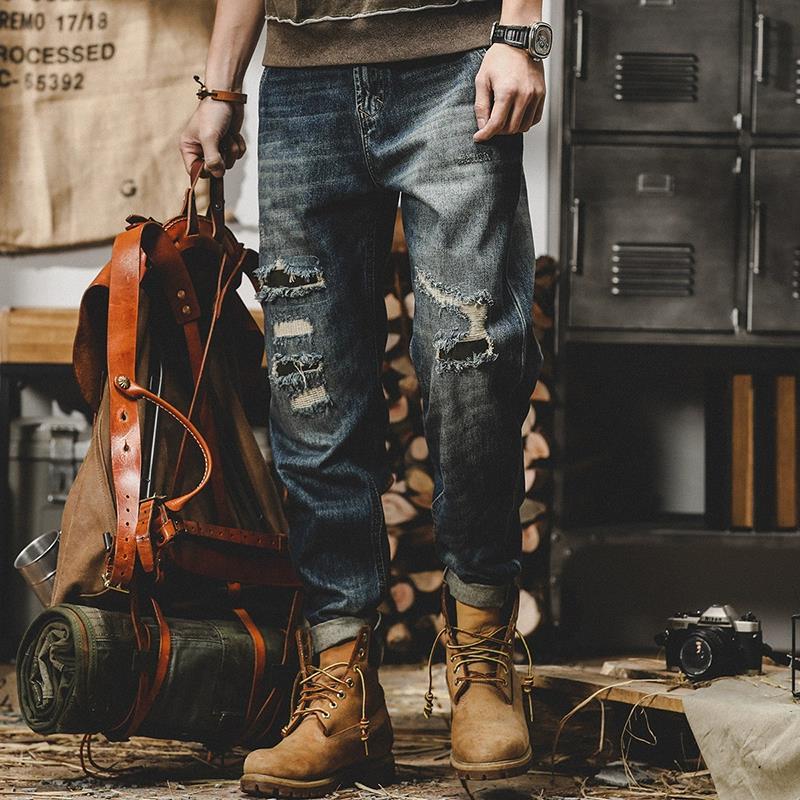 American heavy-duty workwear pants, men's autumn loose straight-leg ripped jeans, men's plus-size pants