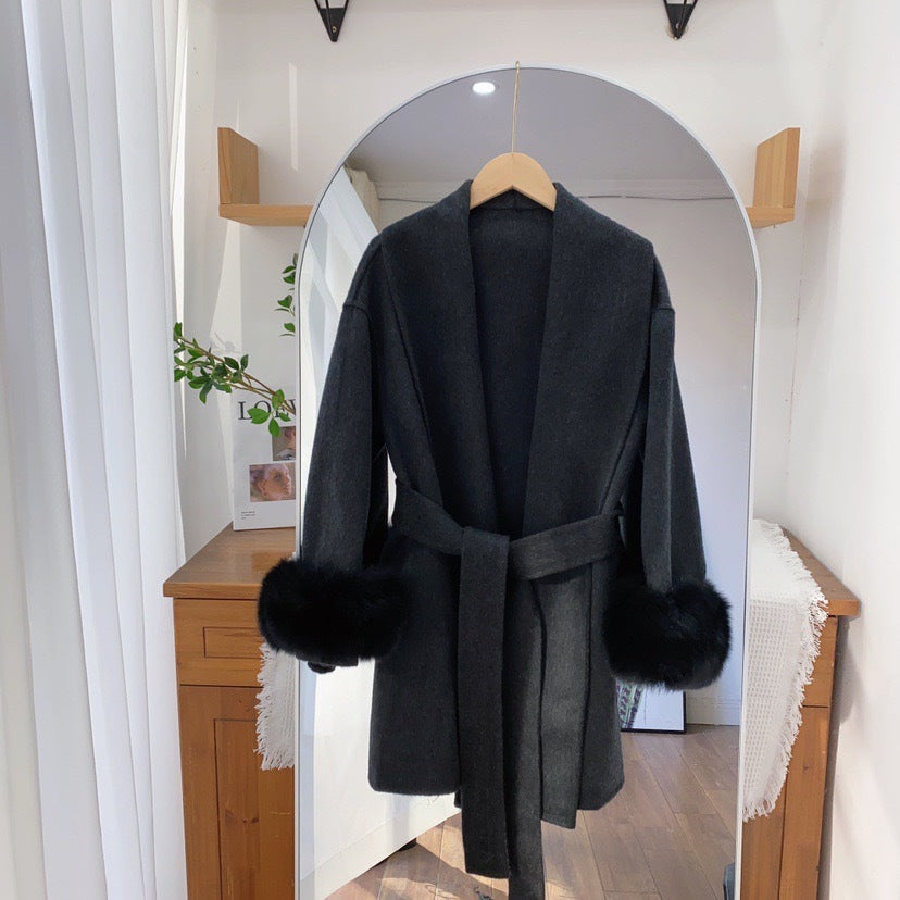 Fox fur double-sided wool coat, women's short coat, women's elegant bathrobe, double-sided woolen coat