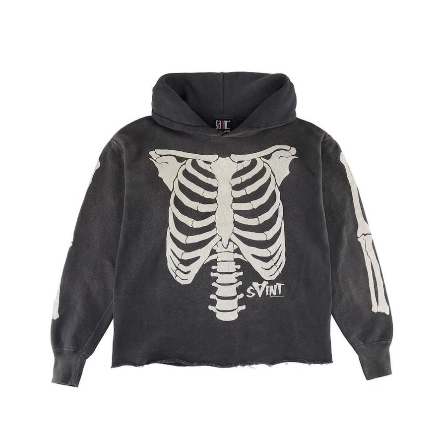 Saint Michael's American street style distressed hoodie, loose hooded pullover hoodie trend