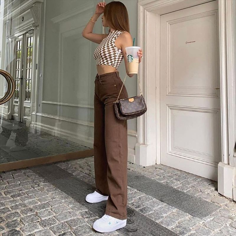 INS European and American vintage Straight leg high waist slim brown jeans for Women Fall 2021 A hair replacement