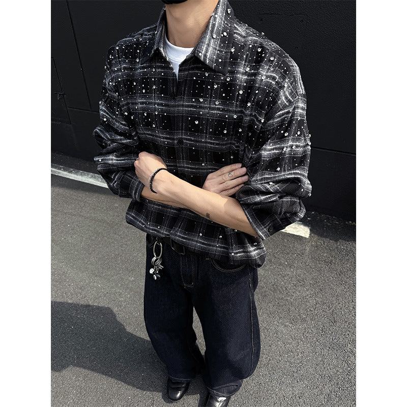 Men's long-sleeved American loose checked shirt jacket, men's plus-size shirt