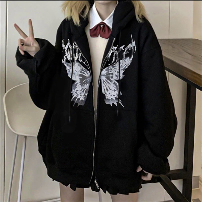 A hooded, zipped cardigan and sweatshirt for women in autumn and winter. A loose, thick and versatile mid-length trendy coat