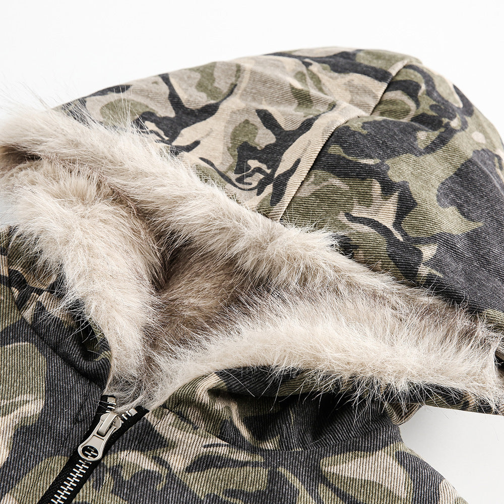 Camouflage hooded cotton-padded jacket for men's winter style, American high street design sense, loose cotton padded and thickened cotton-padded jacket