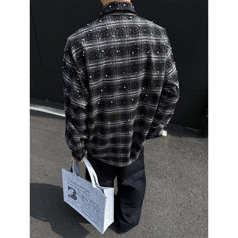 Men's long-sleeved American loose checked shirt jacket, men's plus-size shirt